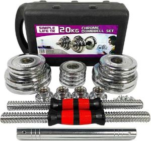 adjustable dumbbell set comes with a connecting bar that can be easily attached to both dumbbells to transform into a barbell.