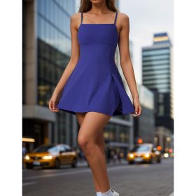 Womens Spaghetti Strap Tennis Dress With Shorts Workout Side Slit Active Golf Dresses (Option: Blue-S)